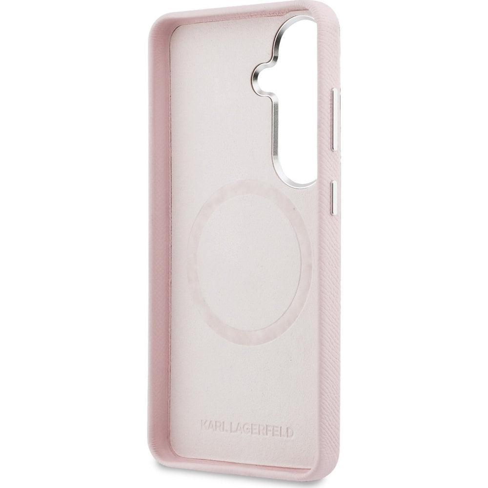 Handyhülle für Galaxy S26 Plus, Karl Lagerfeld Saffiano Full Wrapped MagSafe, Rosa mit Karl Lagerfeld und seiner Katze Choupette
