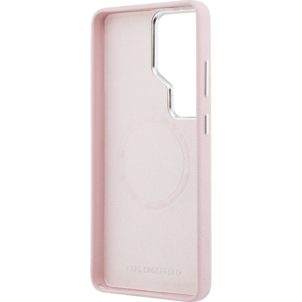 Handyhülle für Galaxy S26 Ultra, Karl Lagerfeld Saffiano Full Wrapped MagSafe, Rosa mit Karl Lagerfeld und seiner Katze Choupette