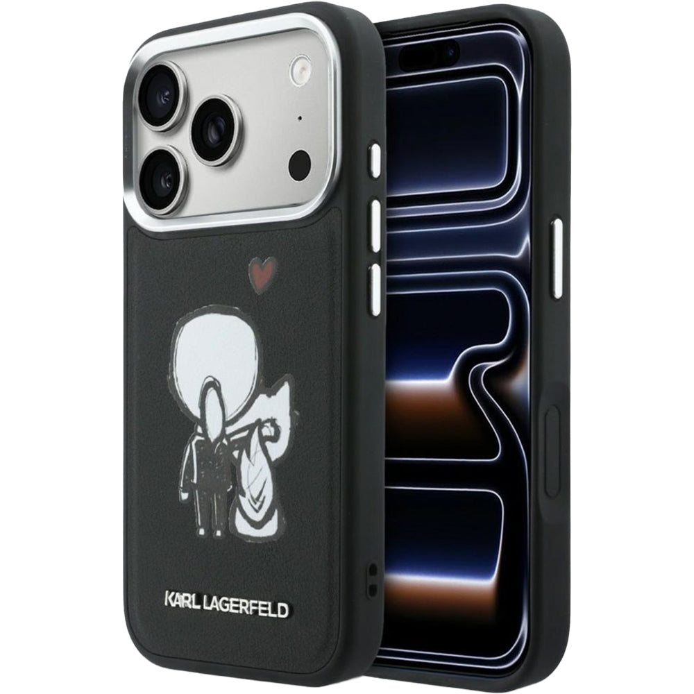 Handyhülle für iPhone 17 Pro, Karl Lagerfeld Hardcase Leather mit MagSafe, Schwarze mit Karl Lagerfeld und seiner Katze Choupette