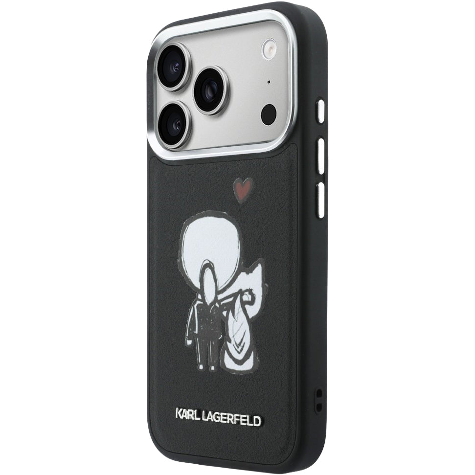 Handyhülle für iPhone 17 Pro, Karl Lagerfeld Hardcase Leather mit MagSafe, Schwarze mit Karl Lagerfeld und seiner Katze Choupette