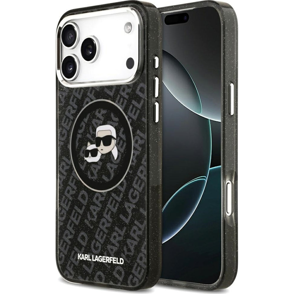 Handyhülle für iPhone 18 Pro Max / 17 Pro Max, Karl Lagerfeld IML Glitter K and C Heads mit MagSafe, Schwarz