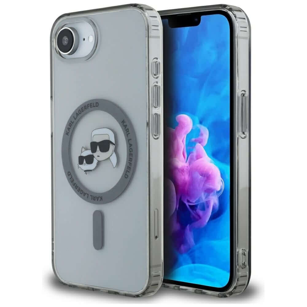 Handyhülle für iPhone 17e / 16e, Karl Lagerfeld HardCase IML Karl & Choupette Heads MagSafe, Durchscheinend mit schwarzen Rahmen