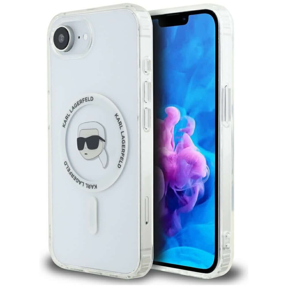 Handyhülle für iPhone 17e / 16e, Karl Lagerfeld HardCase IML Karl Head MagSafe, Transparent und Weiß