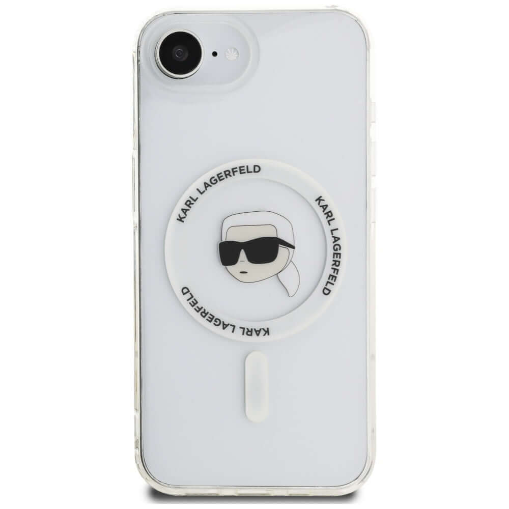 Handyhülle für iPhone 17e / 16e, Karl Lagerfeld HardCase IML Karl Head MagSafe, Transparent und Weiß