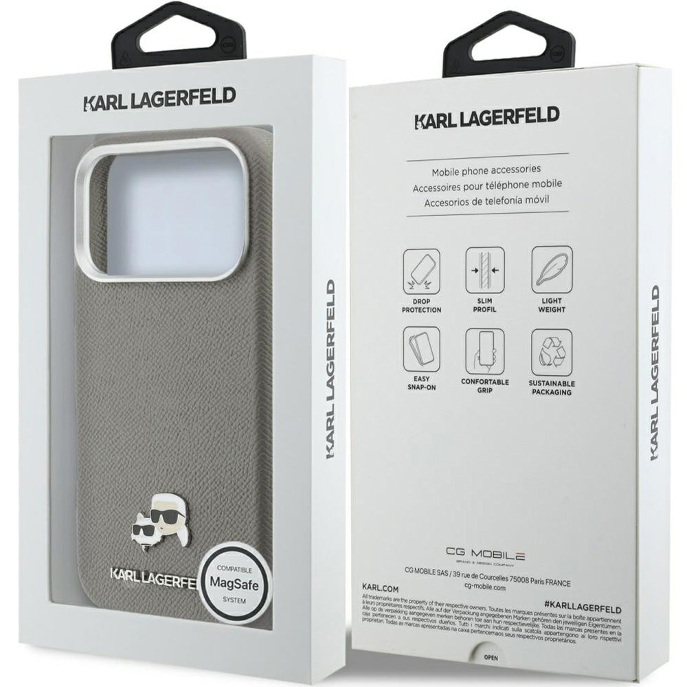 Handyhülle für iPhone 17 Pro, Karl Lagerfeld HardCase Karl and Choupette Head Pin Saffiano mit MagSafe, Grau