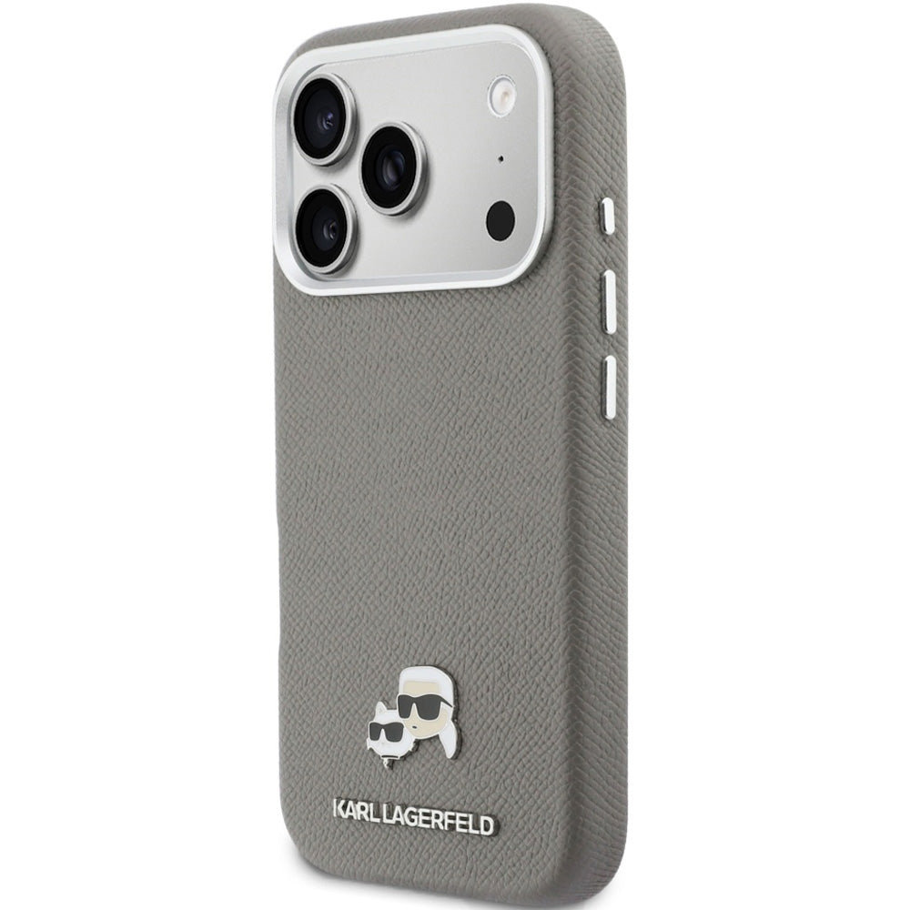 Handyhülle für iPhone 17 Pro, Karl Lagerfeld HardCase Karl and Choupette Head Pin Saffiano mit MagSafe, Grau