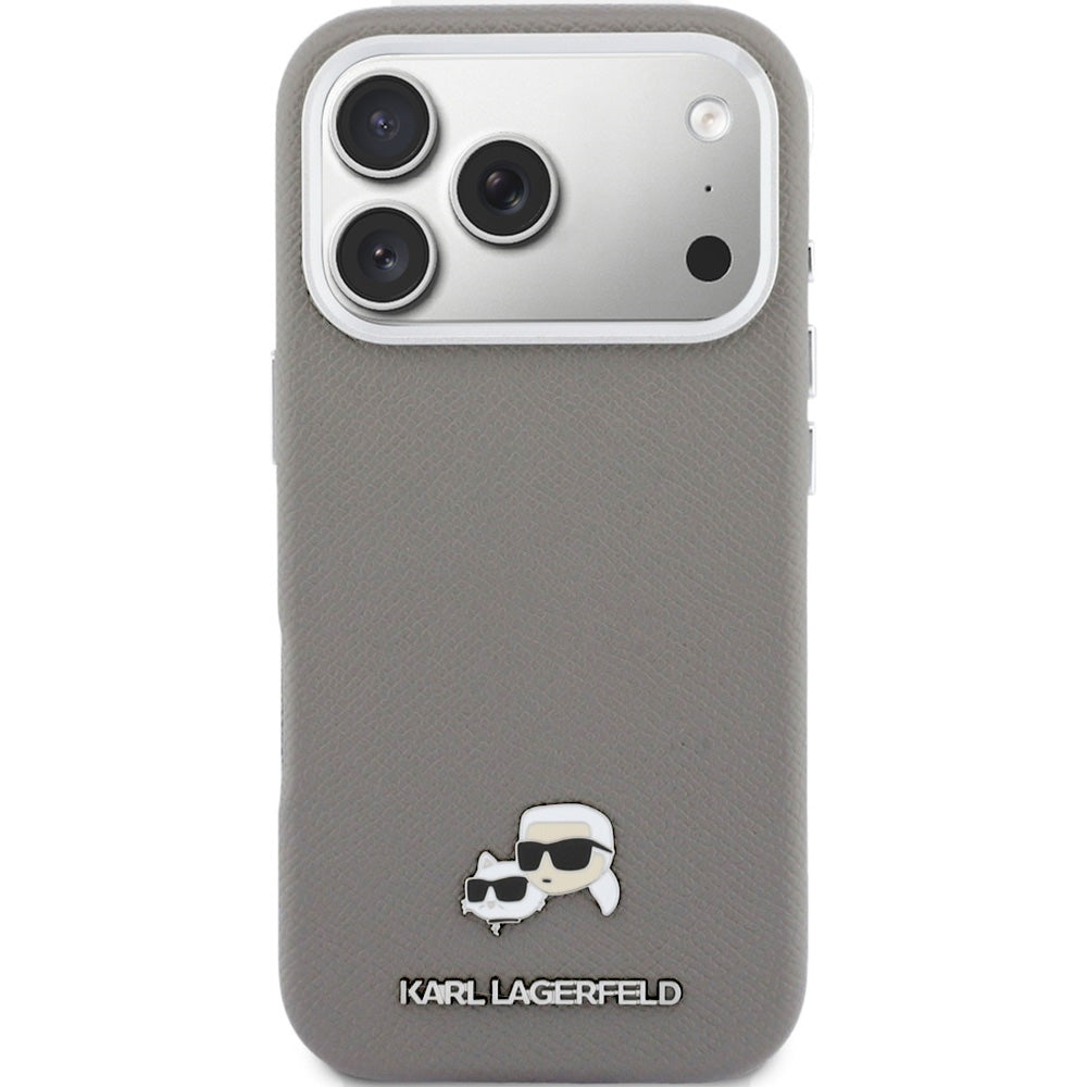 Handyhülle für iPhone 17 Pro, Karl Lagerfeld HardCase Karl and Choupette Head Pin Saffiano mit MagSafe, Grau