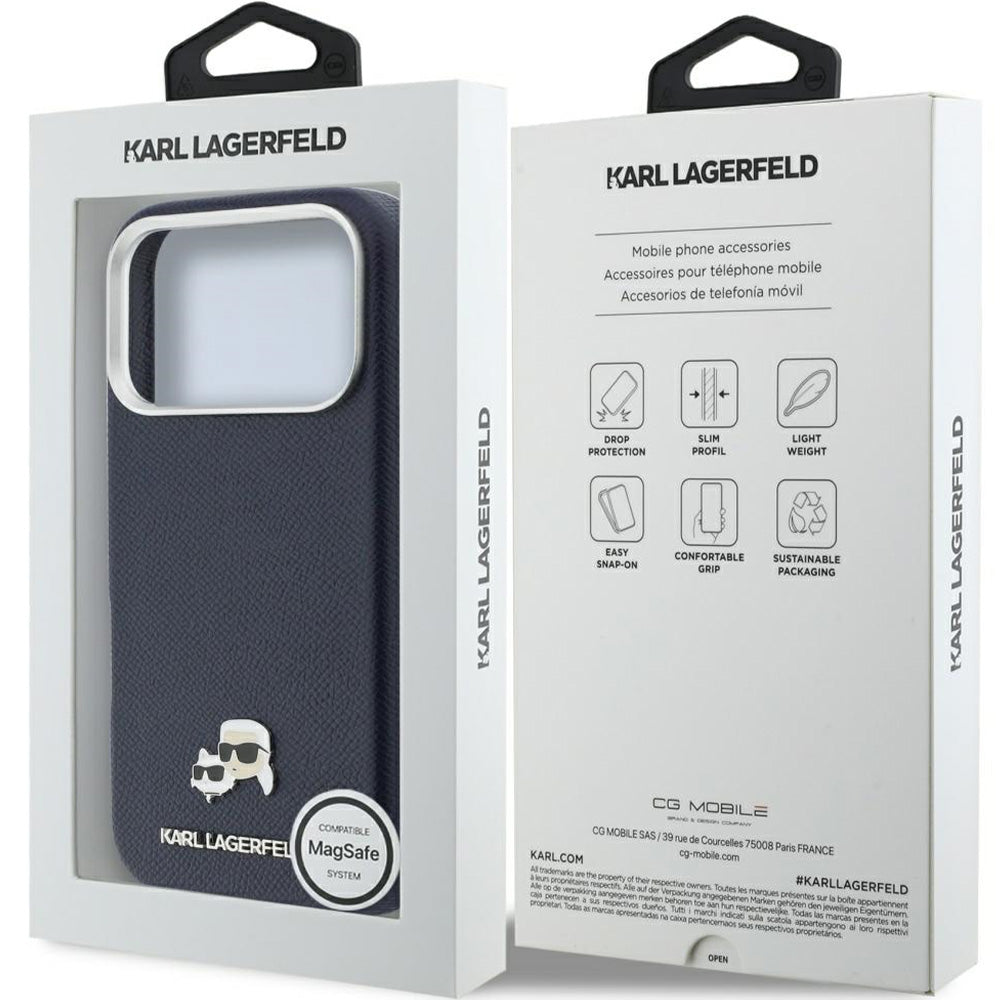 Handyhülle für iPhone 17 Pro Max, Karl Lagerfeld HardCase Karl and Choupette Head Pin Saffiano mit MagSafe, Dunkelblau