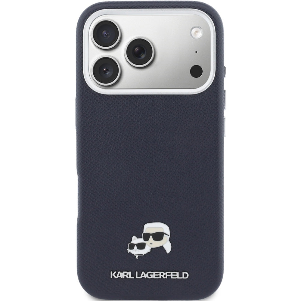 Handyhülle für iPhone 17 Pro Max, Karl Lagerfeld HardCase Karl and Choupette Head Pin Saffiano mit MagSafe, Dunkelblau