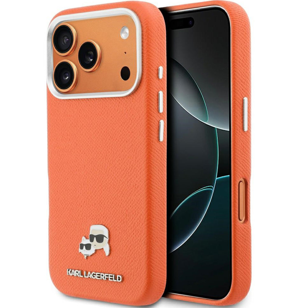 Handyhülle für iPhone 17 Pro, Karl Lagerfeld HardCase Karl and Choupette Head Pin Saffiano mit MagSafe, Orange