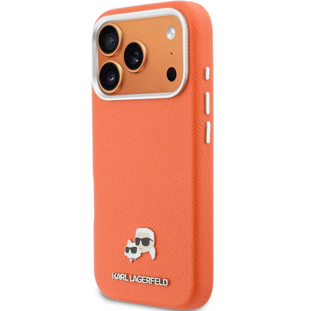 Handyhülle für iPhone 17 Pro, Karl Lagerfeld HardCase Karl and Choupette Head Pin Saffiano mit MagSafe, Orange