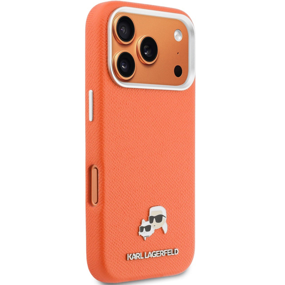 Handyhülle für iPhone 17 Pro, Karl Lagerfeld HardCase Karl and Choupette Head Pin Saffiano mit MagSafe, Orange