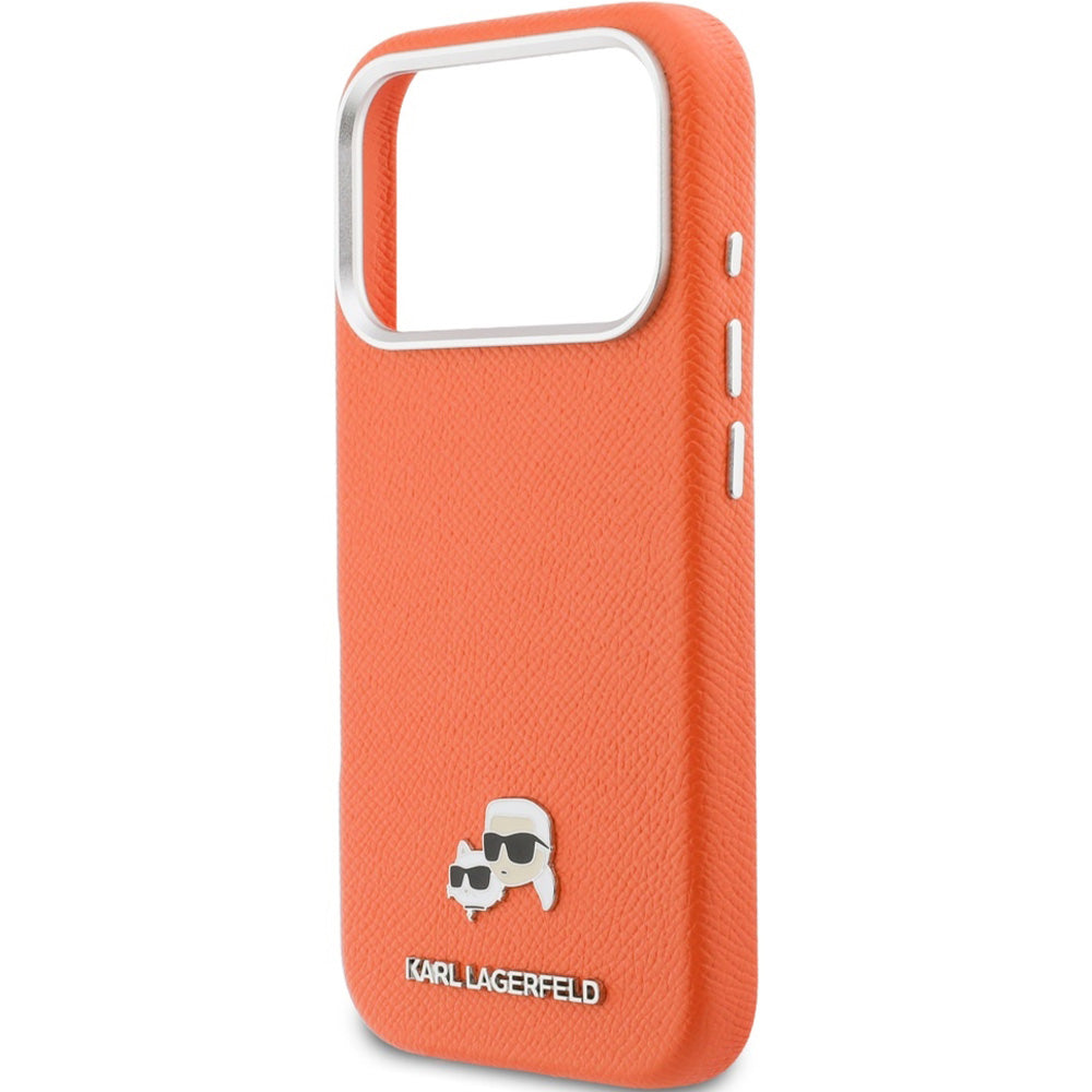 Handyhülle für iPhone 17 Pro, Karl Lagerfeld HardCase Karl and Choupette Head Pin Saffiano mit MagSafe, Orange