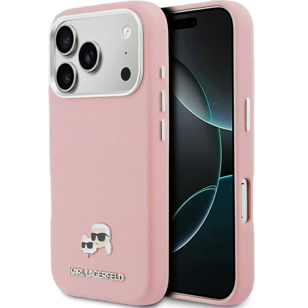Handyhülle für iPhone 17 Pro, Karl Lagerfeld HardCase Karl and Choupette Head Pin Saffiano mit MagSafe, Rosa