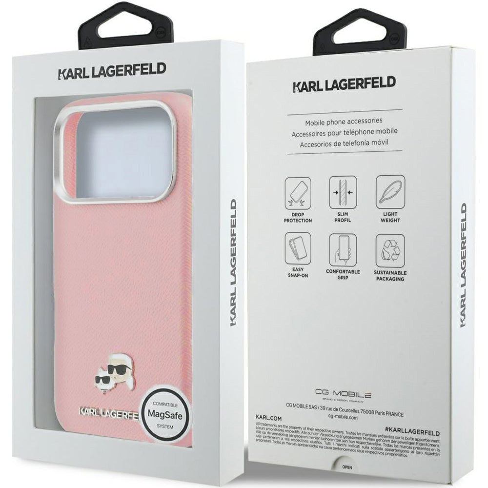 Handyhülle für iPhone 17 Pro, Karl Lagerfeld HardCase Karl and Choupette Head Pin Saffiano mit MagSafe, Rosa