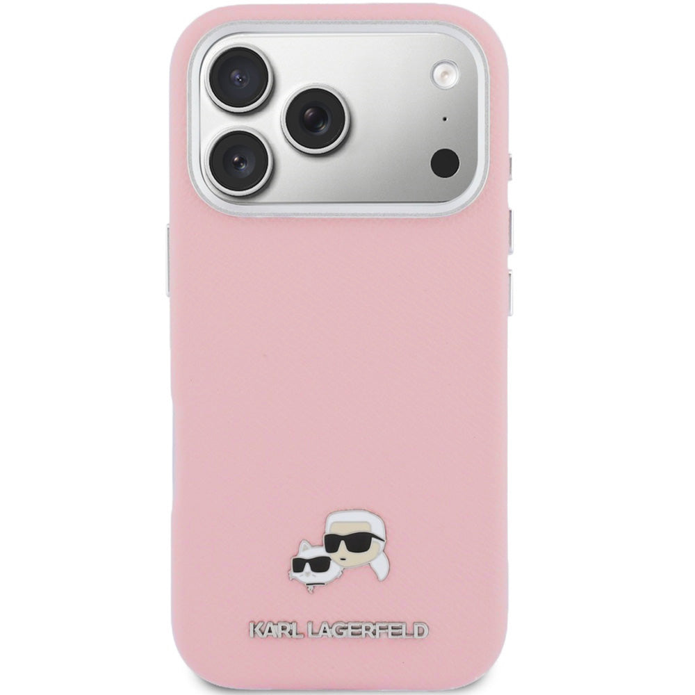 Handyhülle für iPhone 17 Pro, Karl Lagerfeld HardCase Karl and Choupette Head Pin Saffiano mit MagSafe, Rosa