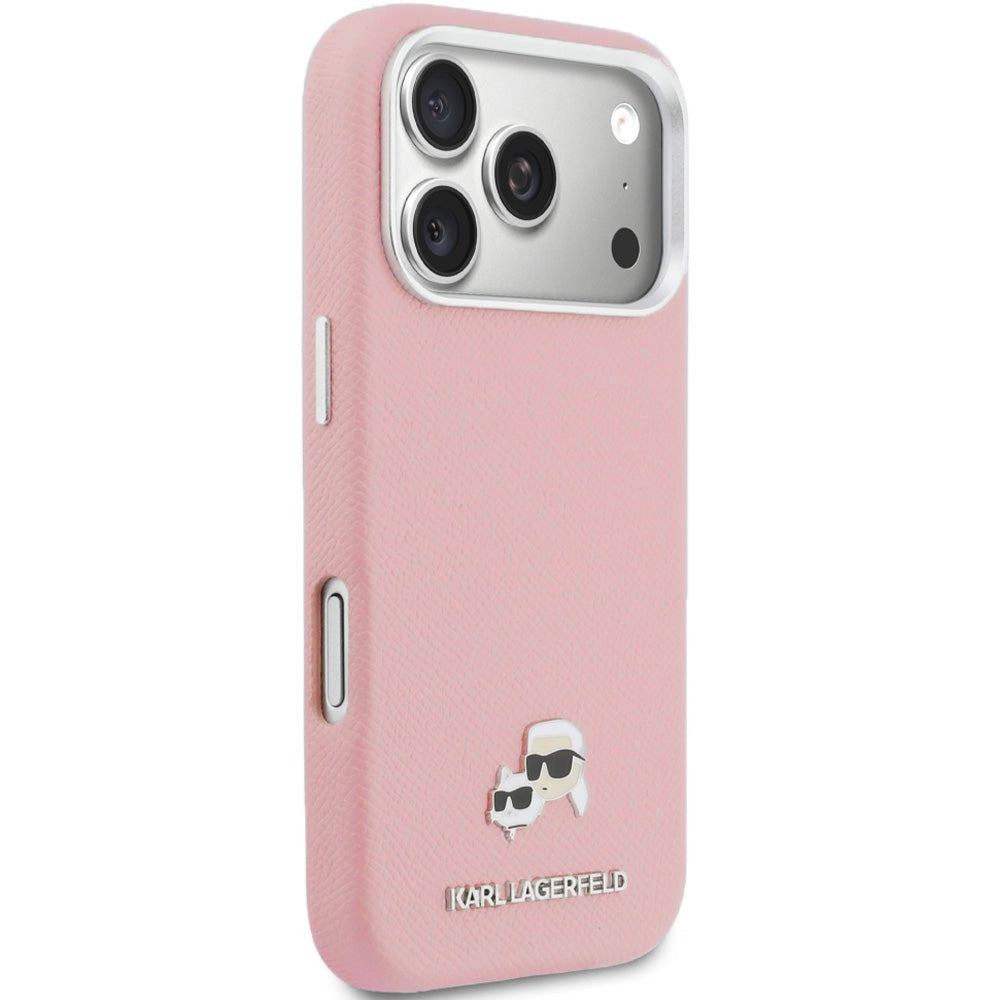 Handyhülle für iPhone 17 Pro, Karl Lagerfeld HardCase Karl and Choupette Head Pin Saffiano mit MagSafe, Rosa