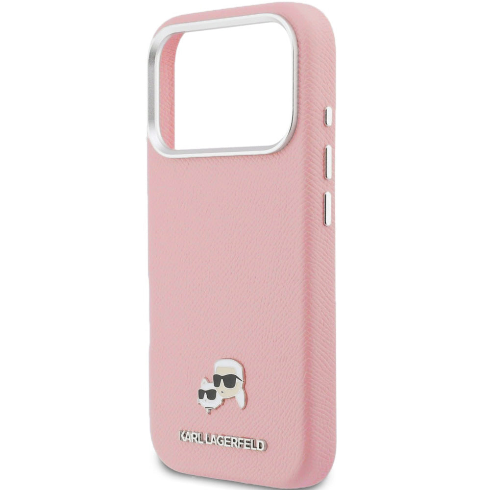 Handyhülle für iPhone 17 Pro, Karl Lagerfeld HardCase Karl and Choupette Head Pin Saffiano mit MagSafe, Rosa