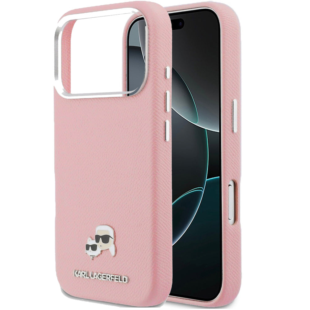 Handyhülle für iPhone 17 Pro, Karl Lagerfeld HardCase Karl and Choupette Head Pin Saffiano mit MagSafe, Rosa