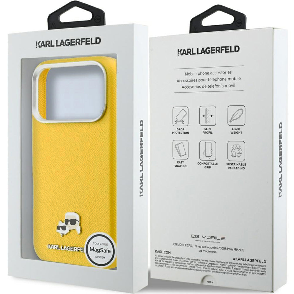 Handyhülle für iPhone 17 Pro, Karl Lagerfeld HardCase Karl and Choupette Head Pin Saffiano mit MagSafe, Gelb