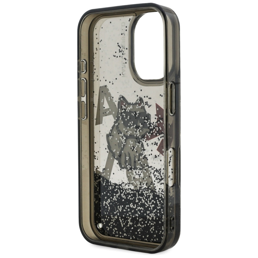 Handyhülle für iPhone 16, Karl Lagerfeld Liquid Glitter Choupette, Schwarz