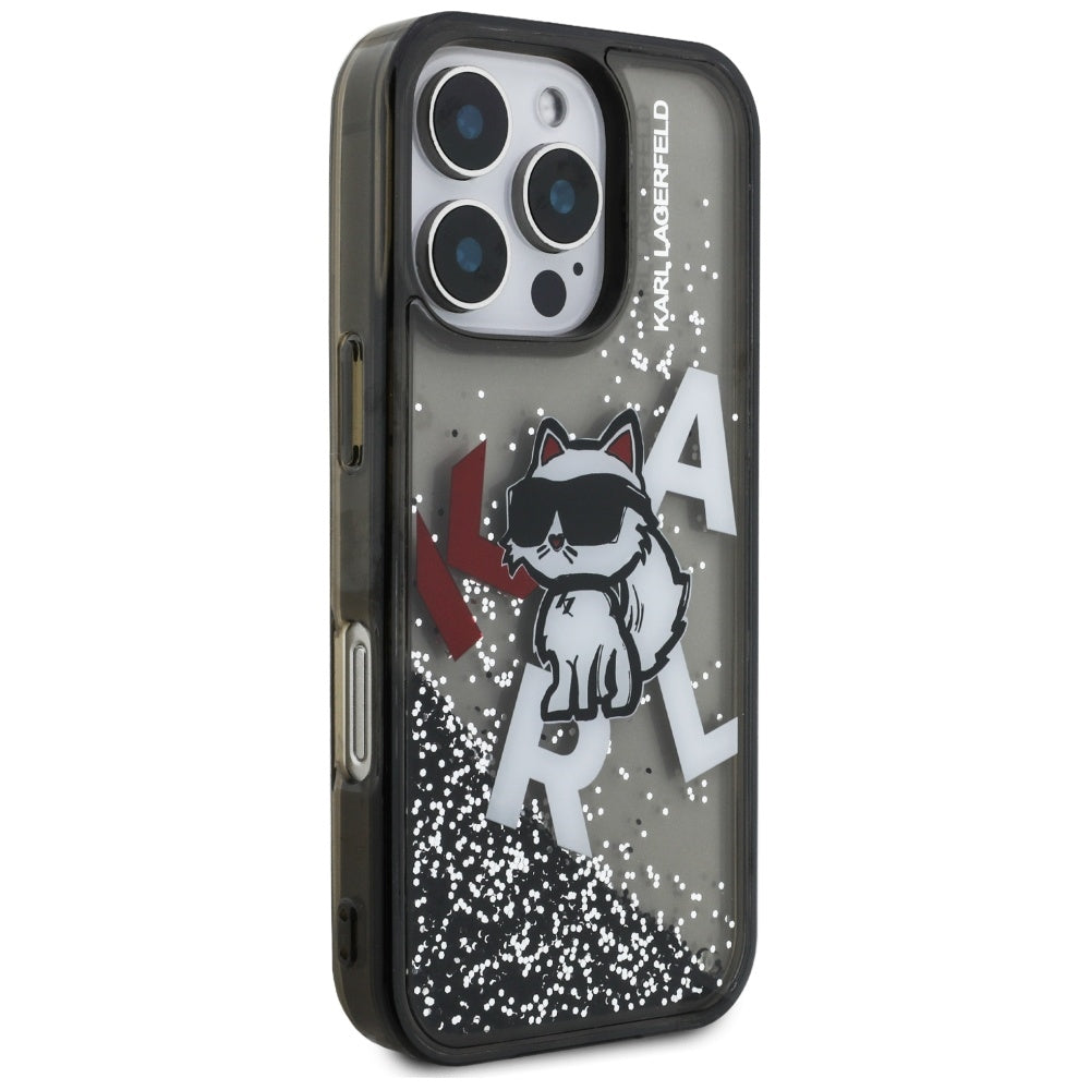 Handyhülle für iPhone 16 Pro, Karl Lagerfeld Liquid Glitter Choupette, Schwarz