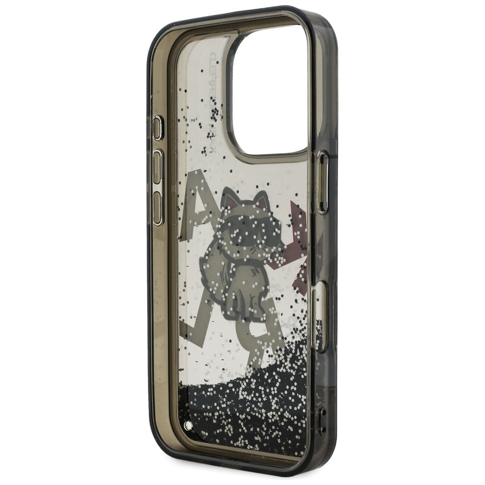 Handyhülle für iPhone 16 Pro, Karl Lagerfeld Liquid Glitter Choupette, Schwarz