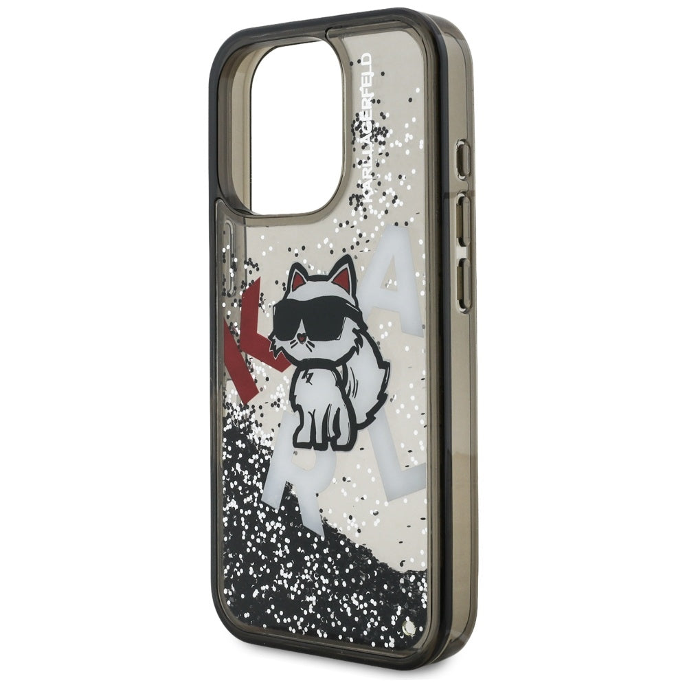 Handyhülle für iPhone 16 Pro Max, Karl Lagerfeld Liquid Glitter Choupette, Schwarz