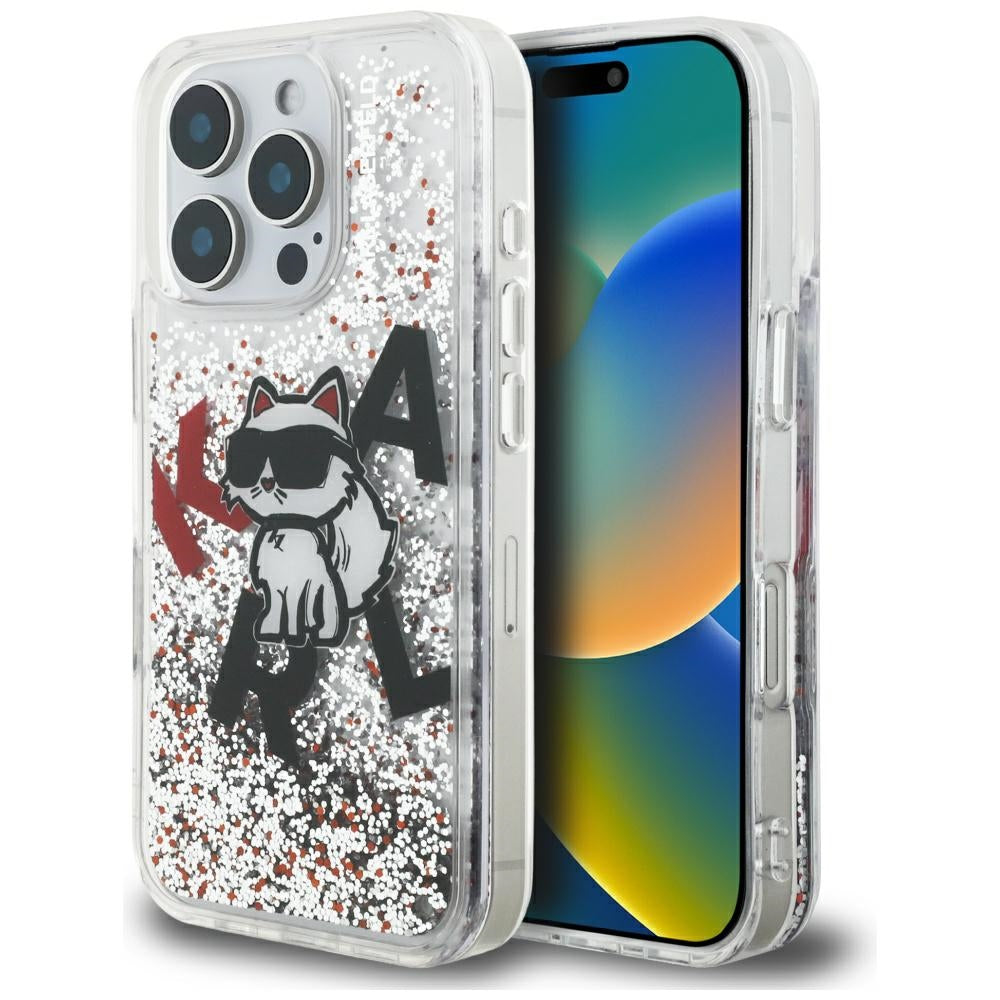 Handyhülle für iPhone 16 Pro Max, Karl Lagerfeld Liquid Glitter Choupette, Transparent