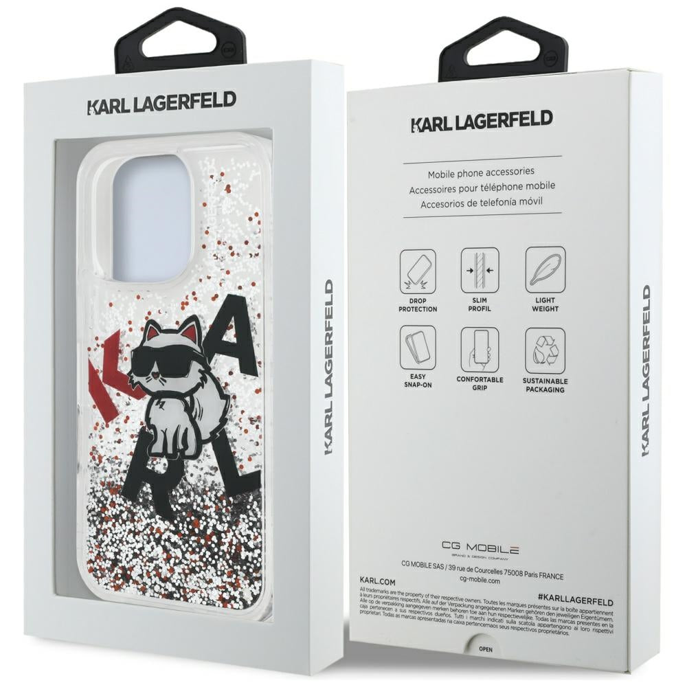 Handyhülle für iPhone 16 Pro Max, Karl Lagerfeld Liquid Glitter Choupette, Transparent