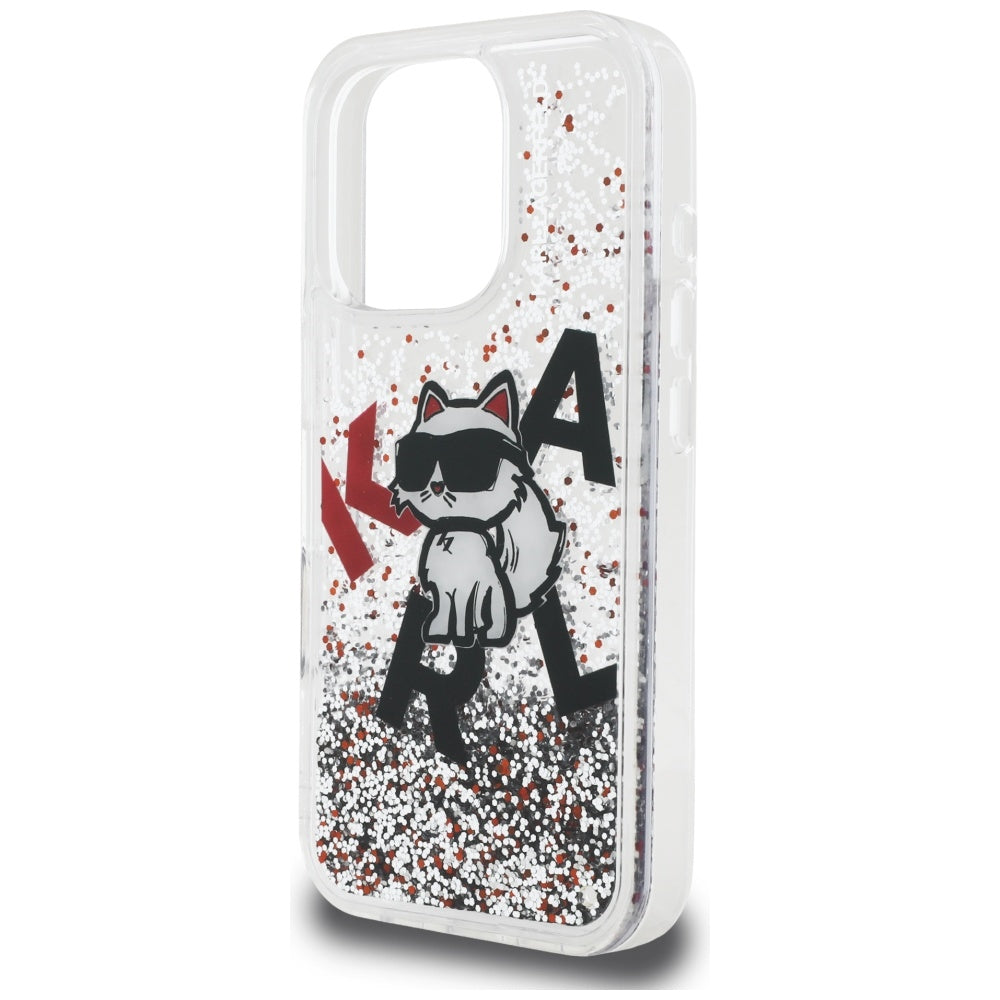 Handyhülle für iPhone 16 Pro, Karl Lagerfeld Liquid Glitter Choupette, Transparent