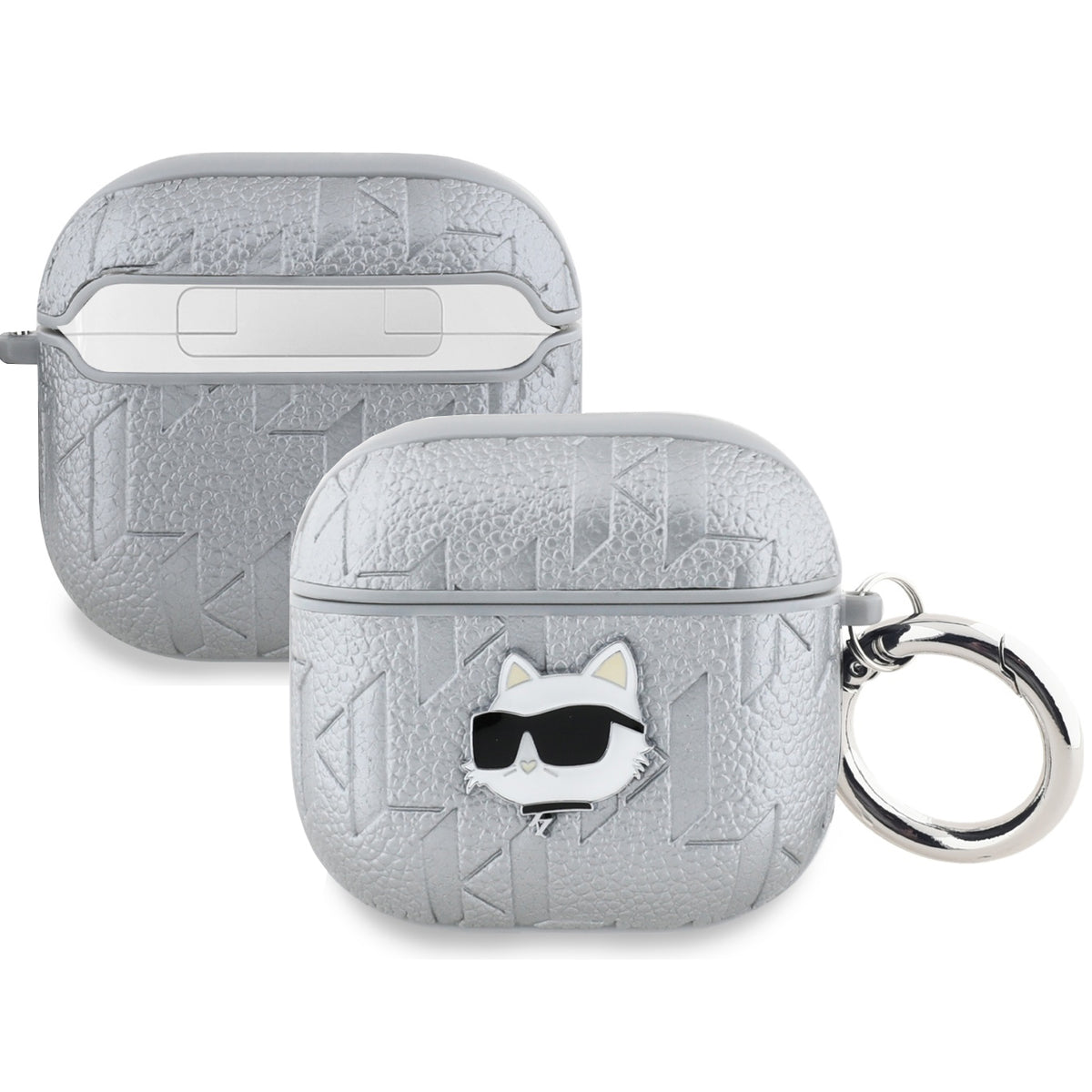 Schutzhülle für AirPods 5 / 4, Karl Lagerfeld Monogram Choupette Head, Silbern