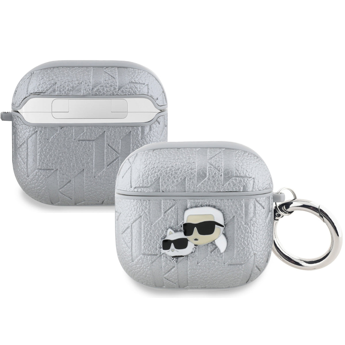 Schutzhülle für AirPods 5 / 4, Karl Lagerfeld Monogram Karl & Choupette Head, Silber