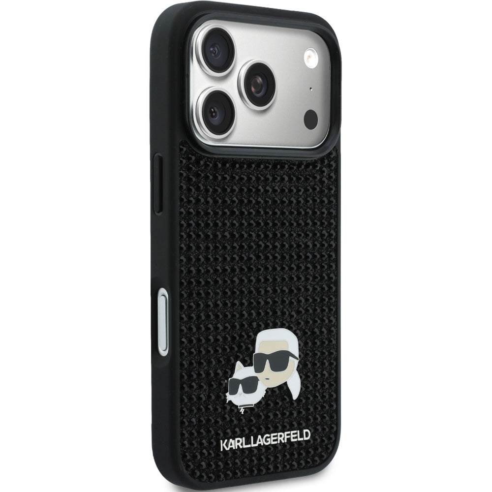 Handyhülle für iPhone 17 Pro Max, Karl Lagerfeld HardCase Rhinestone Karl and Choupette Pin, Schwarz