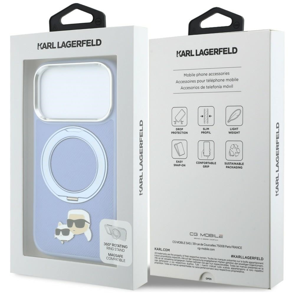 Handyhülle für iPhone 18 Pro Max / 17 Pro Max, Karl Lagerfeld Ring Stand 360 Karl Choupette Heads Pin mit MagSafe, Blau