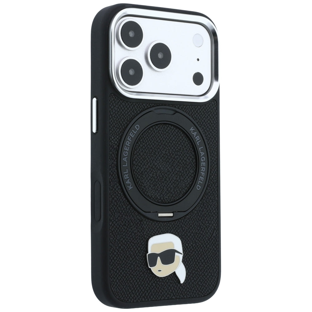 Handyhülle für iPhone 18 Pro Max / 17 Pro Max, Karl Lagerfeld Ring Stand 360 Karl Head Pin mit MagSafe, Schwarz