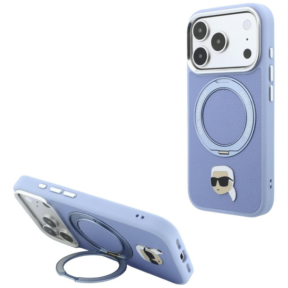 Handyhülle für iPhone 18 Pro Max / 17 Pro Max, Karl Lagerfeld Ring Stand 360 Karl Head Pin mit MagSafe, Blau