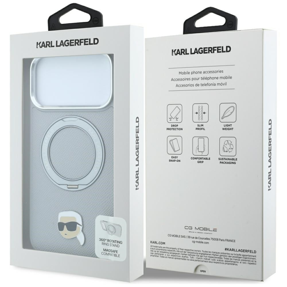 Handyhülle für iPhone 18 Pro Max / 17 Pro Max, Karl Lagerfeld Ring Stand 360 Karl Head Pin mit MagSafe, Grau