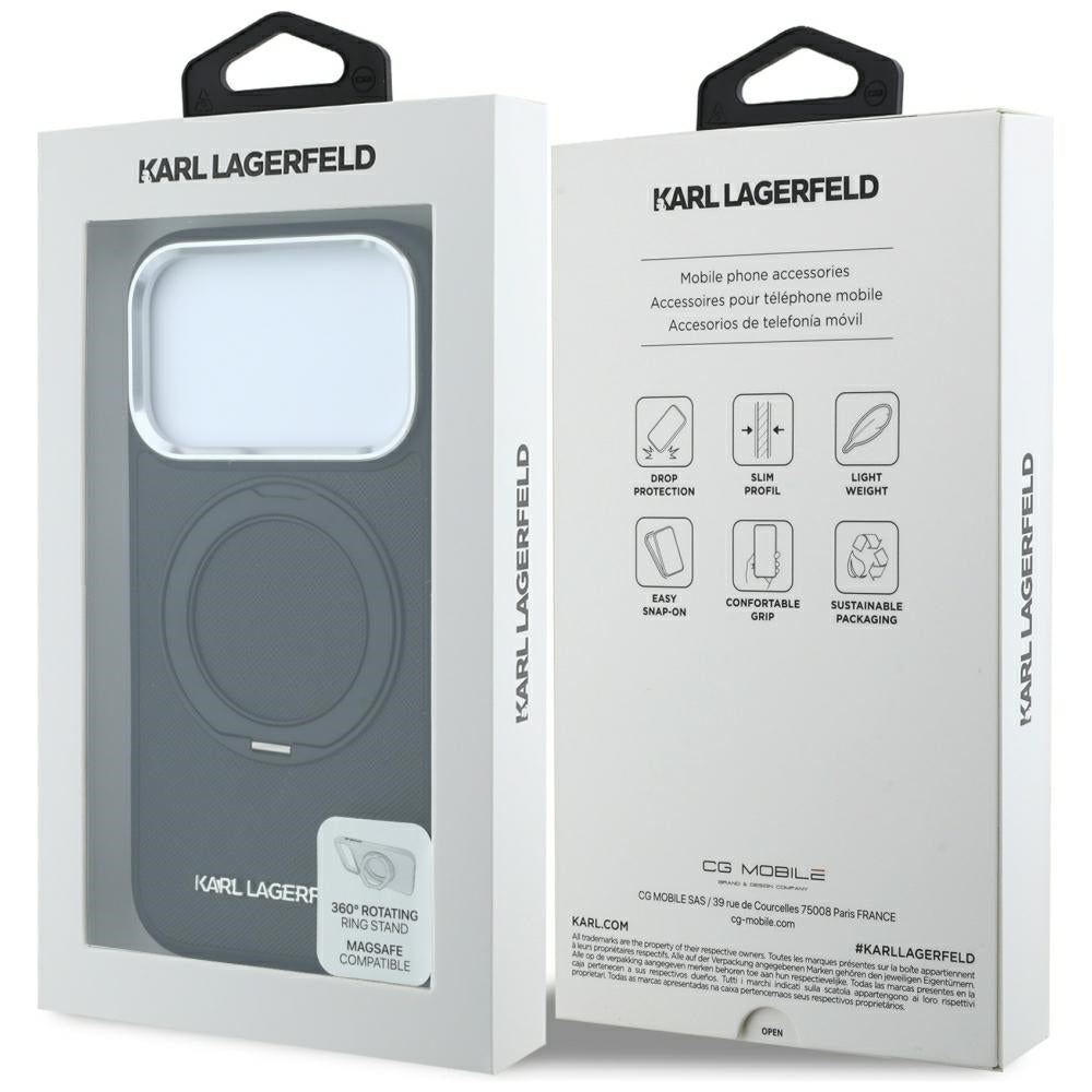 Handyhülle für iPhone 18 Pro Max / 17 Pro Max, Karl Lagerfeld Ring Stand 360 Saffiano Classic Logo mit MagSafe, Schwarz