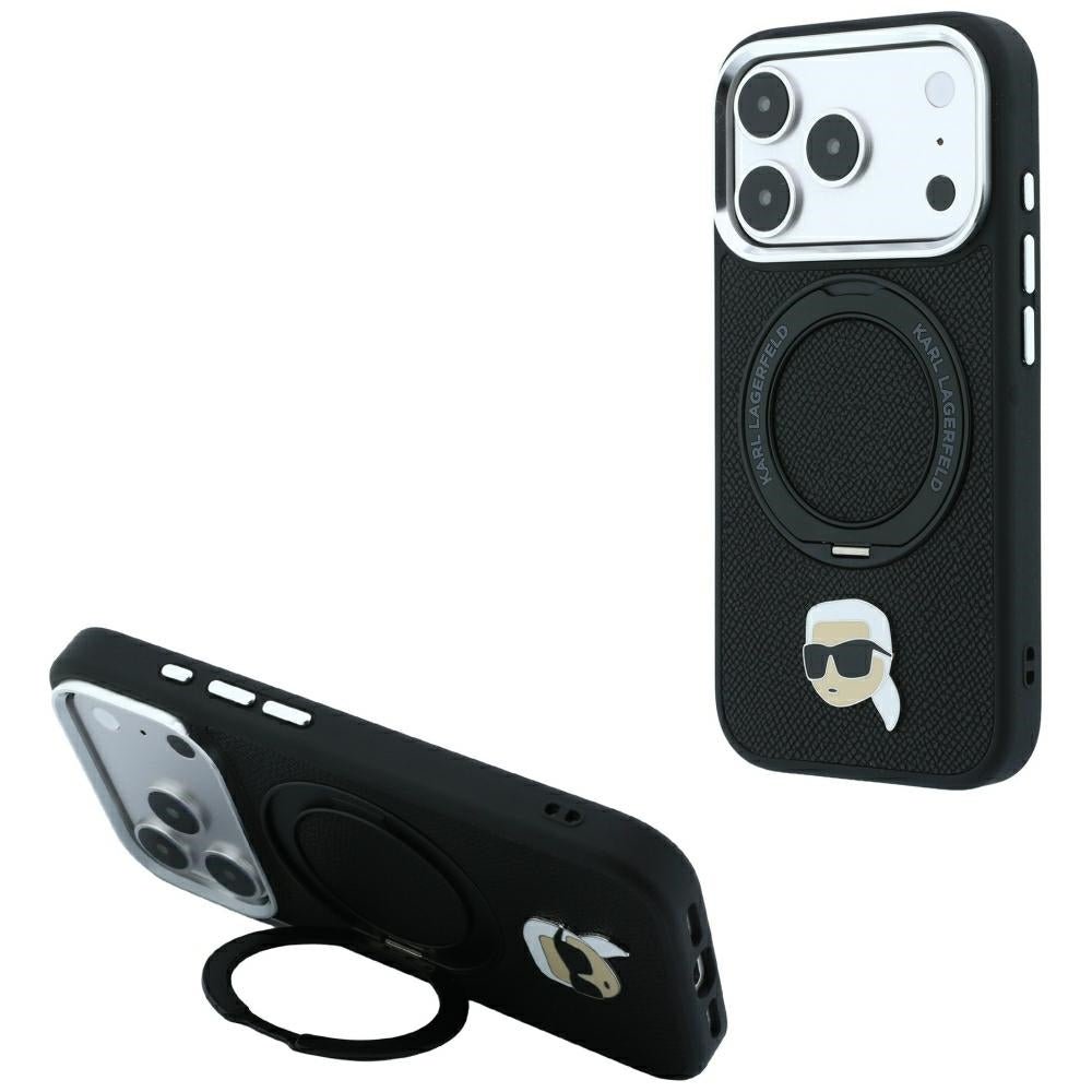Handyhülle für iPhone 18 Pro / 17 Pro, Karl Lagerfeld Ring Stand 360 Karl Head Pin mit MagSafe, Schwarz