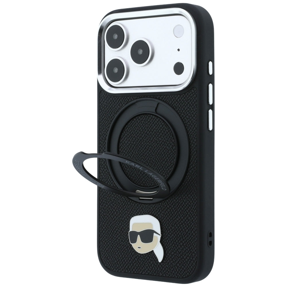 Handyhülle für iPhone 18 Pro / 17 Pro, Karl Lagerfeld Ring Stand 360 Karl Head Pin mit MagSafe, Schwarz