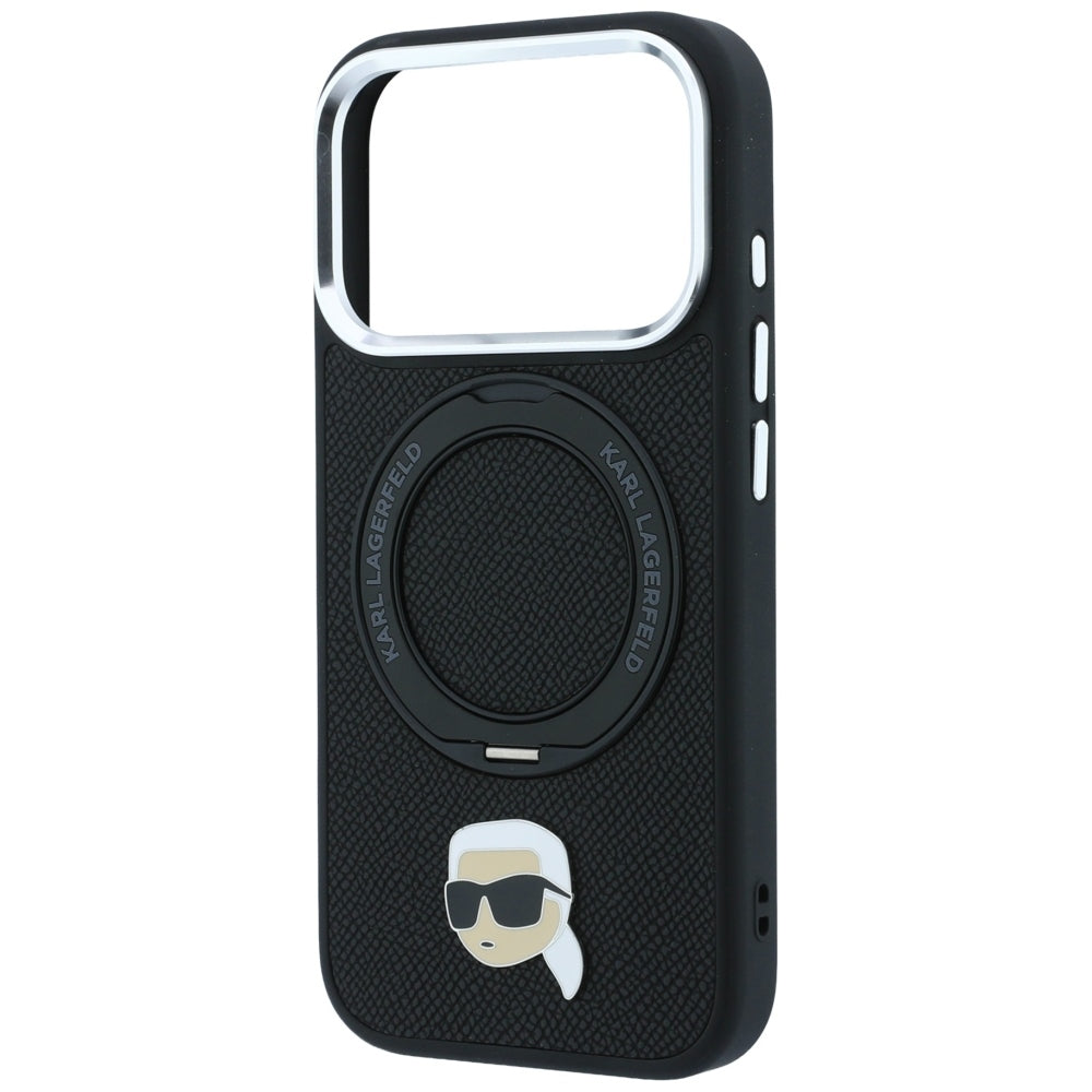 Handyhülle für iPhone 18 Pro / 17 Pro, Karl Lagerfeld Ring Stand 360 Karl Head Pin mit MagSafe, Schwarz