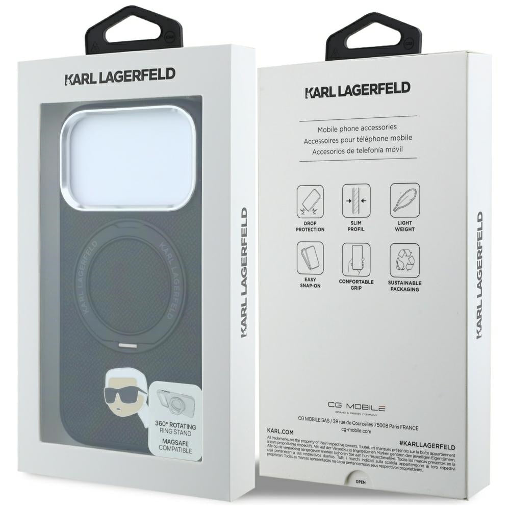 Handyhülle für iPhone 18 Pro / 17 Pro, Karl Lagerfeld Ring Stand 360 Karl Head Pin mit MagSafe, Schwarz