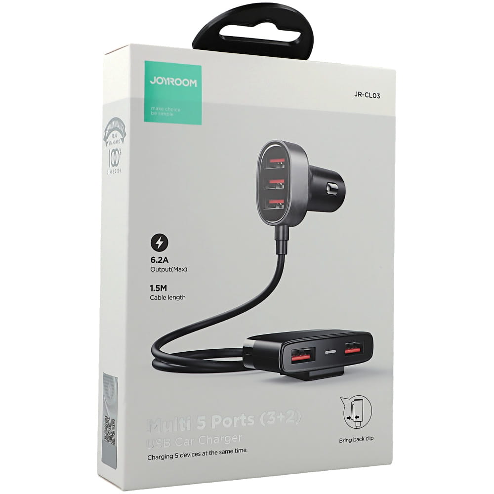 Autoladegerät, Verlängerungskabel 1.5m, 6.2A, 5x USB-A, Joyroom Car Charger JR-CL03, Schwarz