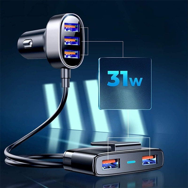 Autoladegerät, Verlängerungskabel 1.5m, 6.2A, 5x USB-A, Joyroom Car Charger JR-CL03, Schwarz