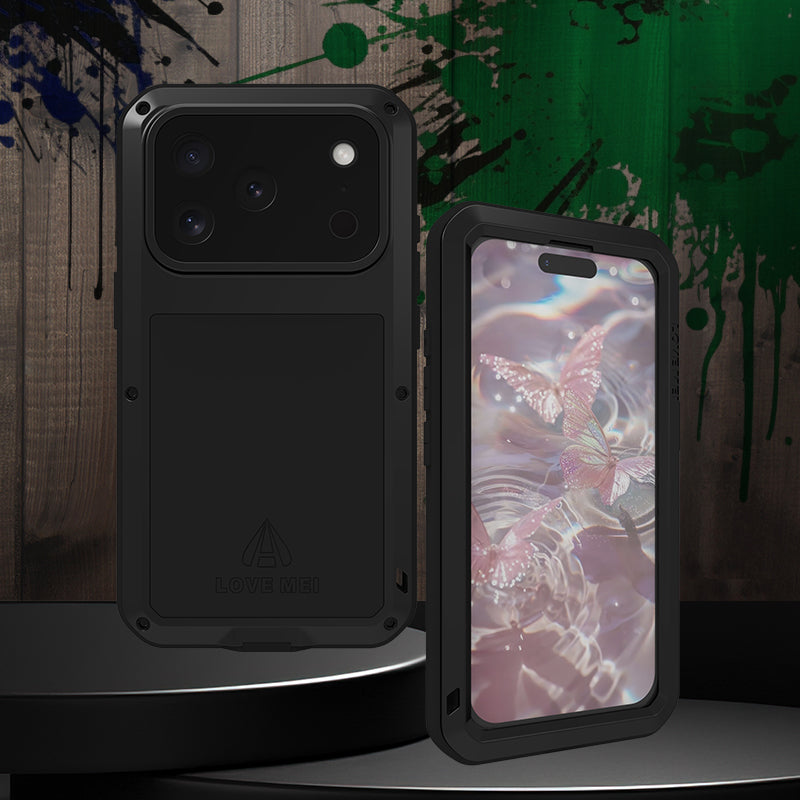 Handyhülle für iPhone 17 Pro, Love Mei Powerful mit Glas, Schwarz