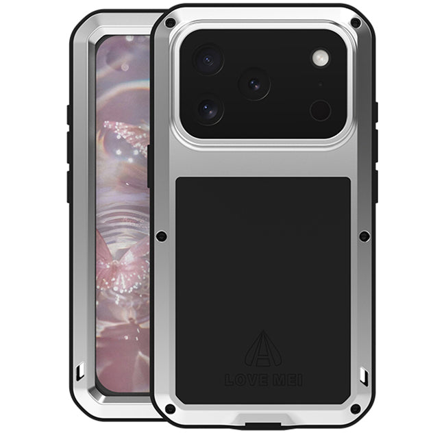 Handyhülle für iPhone 17 Pro, Love Mei Powerful mit Glas, Silbern