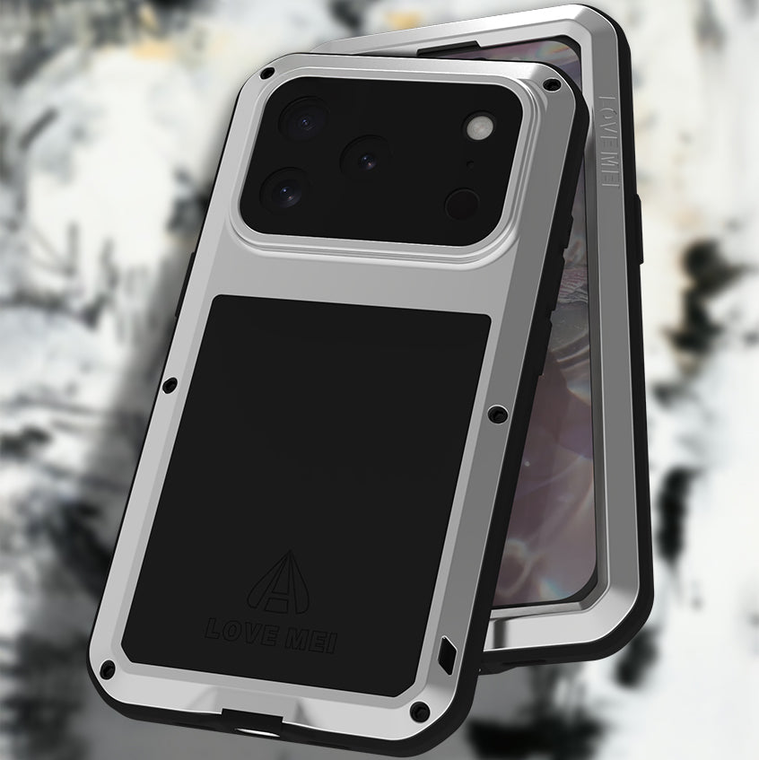 Handyhülle für iPhone 17 Pro, Love Mei Powerful mit Glas, Silbern