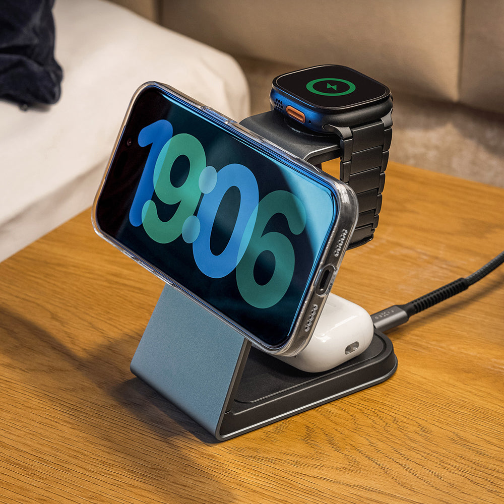 Induktionsladegerät mit Qi2.2 25W für MagSafe, 33.5W, Fixed MagPowerstation Alu 3, inkl. USB-C Kabel, Schwarz