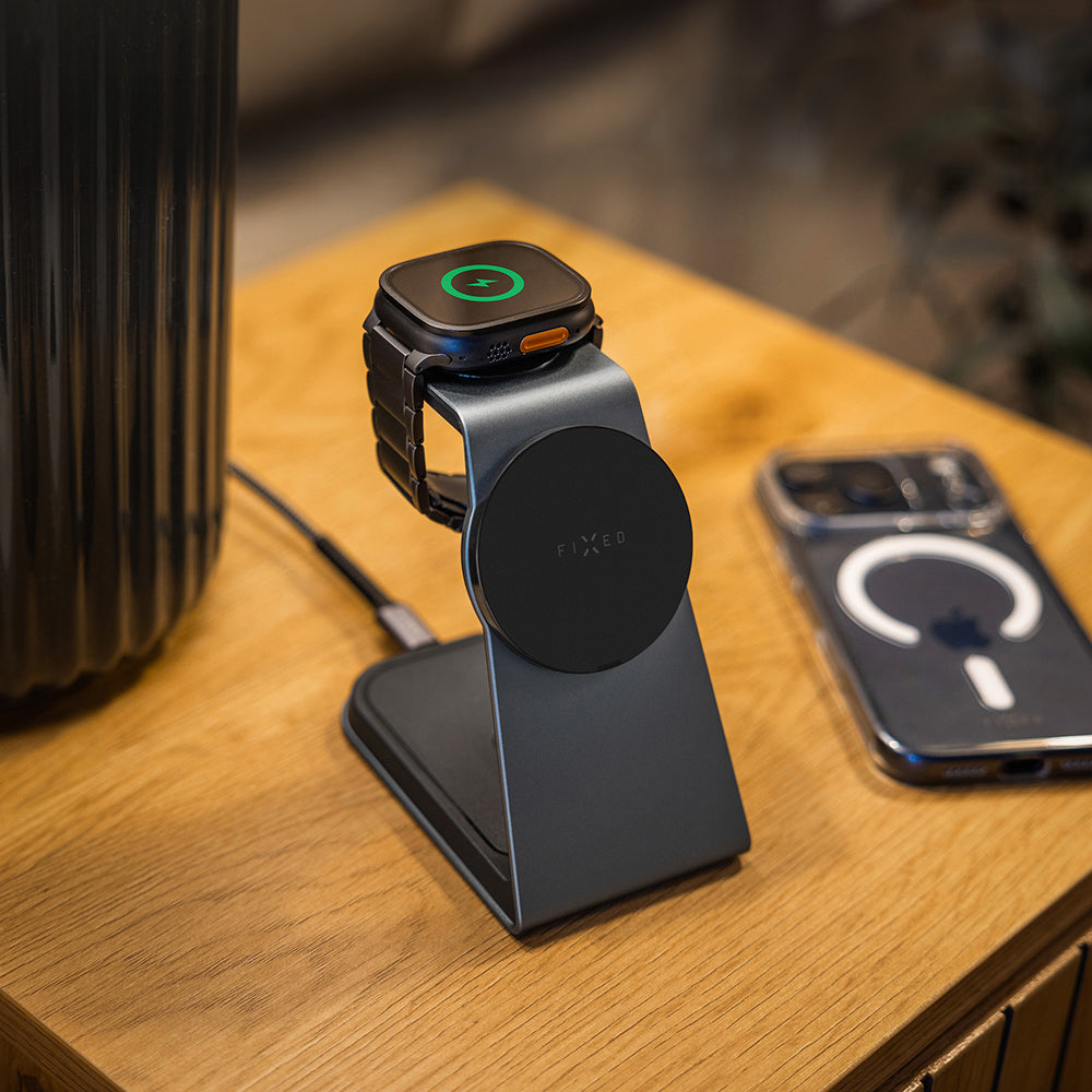 Induktionsladegerät mit Qi2.2 25W für MagSafe, 33.5W, Fixed MagPowerstation Alu 3, inkl. USB-C Kabel, Schwarz